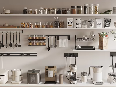 Modern Kitchen With Organized Dinnerware Set Spice Racks And Storage 3d model