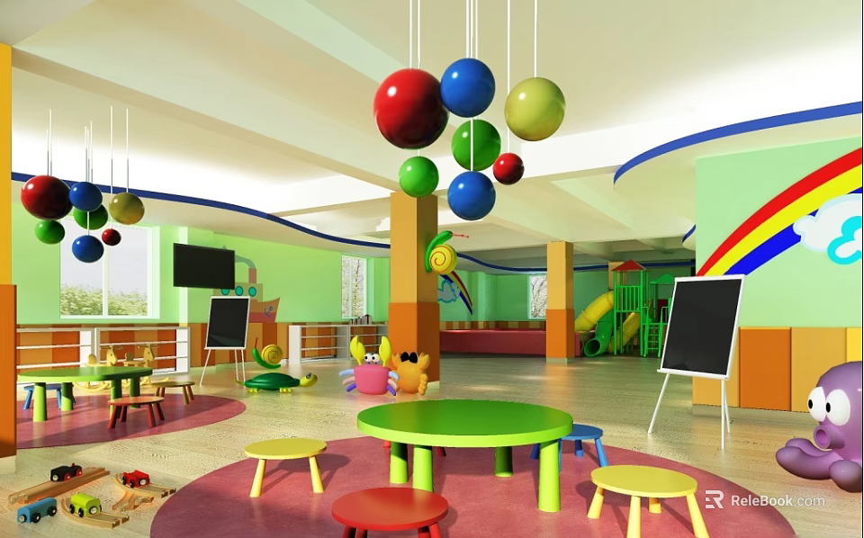 Vibrant Kindergarten Classroom With Colorful Hanging Balls Rainbow Slide And Playful Furniture 3d model 