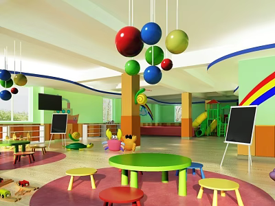 Vibrant Kindergarten Classroom With Colorful Hanging Balls Rainbow Slide And Playful Furniture 3d model