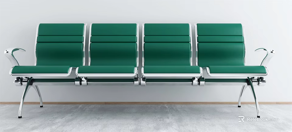 Green Public Chairs With Metal Frames Arranged In Row For Waiting Areas 3d model 