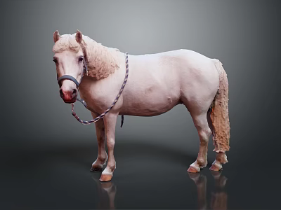 White Pony With Light Mane And Tail Wearing Braided Bridle Against Gray Background And Reflection 3d model