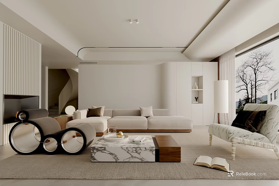 Modern Living Room Interior With Light Colored Sofa Marble Coffee Table And Large Window 3d model