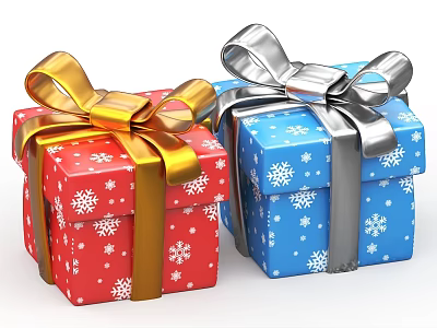 Decorative Ornament Set With Red And Blue Gift Boxes Snowflake Patterns And Gold Silver Bows 3d model