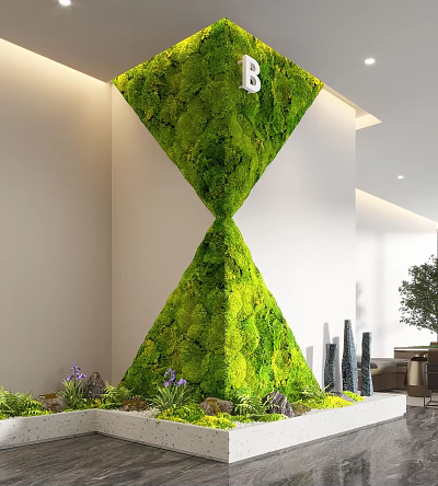 Modern Indoor Landscape Featuring Hourglass Shaped Moss Wall With Wall Clock And Decorative Plants 3d model