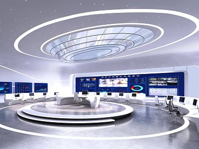 Modern Monitoring Room With Circular Layout Multiple Screens And Control Consoles 3d model