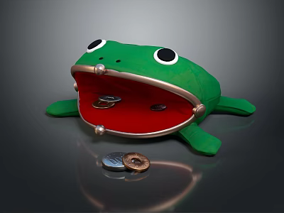 Green Frog Decorative Ornament Set With Red Mouth And Metallic Clasp Holding Coins 3d model