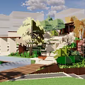Lush Layered Park Landscape With Stone Steps Green Plants Trees And Water Feature