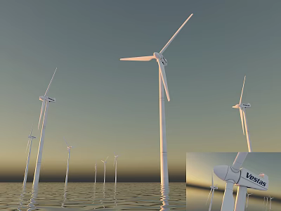 Wind Turbine Architectural Components with Tall Towers and Rotating Blades on Water Surface 3d model