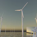 Wind Turbine Architectural Components with Tall Towers and Rotating Blades on Water Surface
