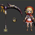 Red Hooded Game Movie Character with Blonde Hair Blue Eyes Red Dress and Large Scythe
