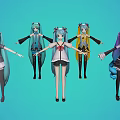 Anime Game Characters Featuring Blue Purple Hair Various Outfits Including School Uniforms Dresses Boots