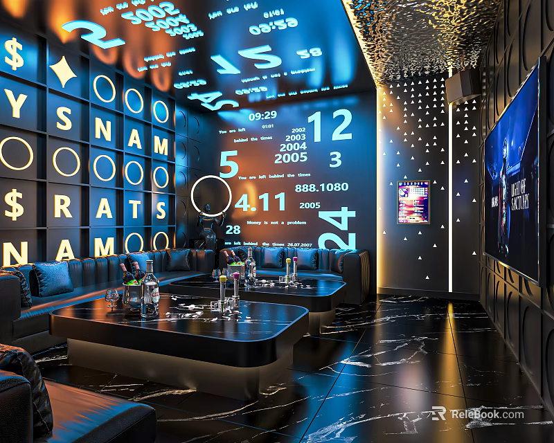 Modern Stylish KTV Interior With Comfortable Sofas Tables And Colorful Lighting 3d model 
