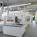 Modern Laboratory Interior With White Cabinets Fume Hoods And Reagents