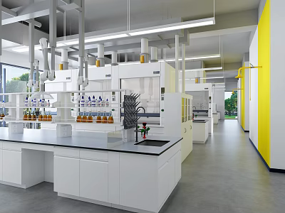 Modern Laboratory Interior With White Cabinets Fume Hoods And Reagents 3d model