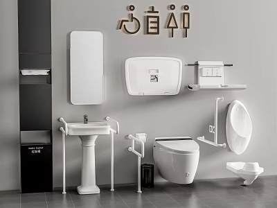 Modern Handicap Accessible Bathroom Toilet With Sink Mirror And Toilet Paper Holder 3d model
