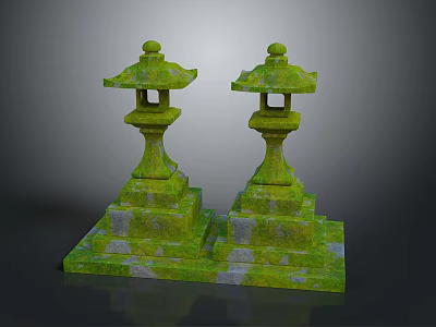 Two Green Moss Covered Stone Lanterns With Ornate Pedestal Base Design 3d model