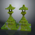 Two Green Moss Covered Stone Lanterns With Ornate Pedestal Base Design