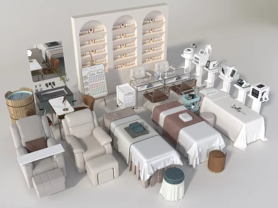 Comfortable Massage Beds In Modern Spa Room With Treatment Tables And Storage Shelves 3d model