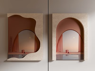 Abstract Wall Decor With Beige Frame Pink Curtain And Sunset Reflection 3d model