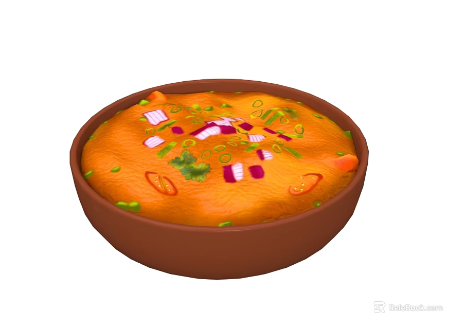 Orange Vegetable Stew in Brown Bowl with Red White Diced Veggies and Green Herbs 3d model 
