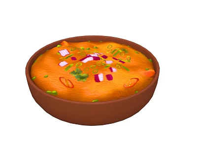 Orange Vegetable Stew in Brown Bowl with Red White Diced Veggies and Green Herbs 3d model