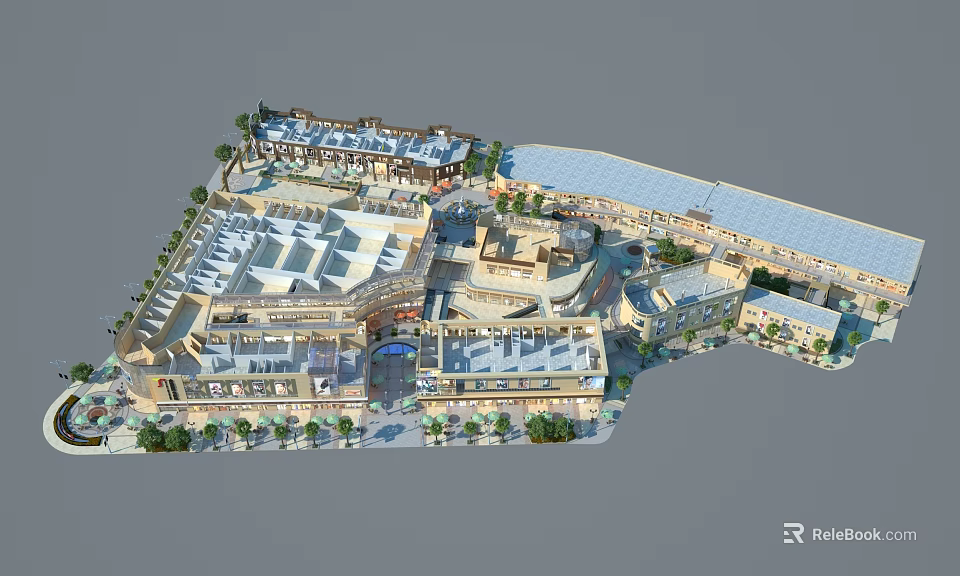 Aerial View Planning of Urban Commercial Complex With Modern Buildings and Open Plazas 3d model 