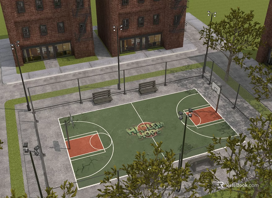 Outdoor Basketball Court With Red Brick Buildings Benches Street Lamps And Trees 3d model 
