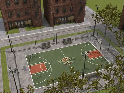 Outdoor Basketball Court With Red Brick Buildings Benches Street Lamps And Trees 3d model