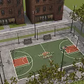 Outdoor Basketball Court With Red Brick Buildings Benches Street Lamps And Trees