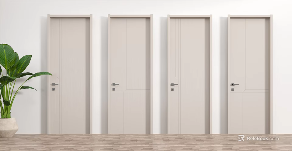 Four Modern Light Colored Swing Doors With White Frames And Wooden Floor 3d model