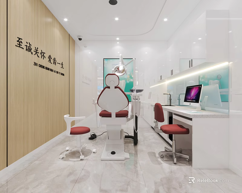 Modern Dental Clinic Interior With Dental Chair Computer White Cabinets Blue Wall And Red Seats 3d model 