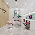 Modern Dental Clinic Interior With Dental Chair Computer White Cabinets Blue Wall And Red Seats