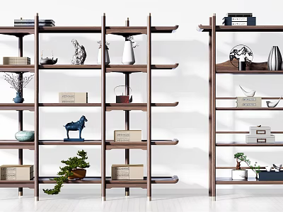 Modern Wooden Display Shelves With Decorative Vases Sculptures Books And Plants 3d model