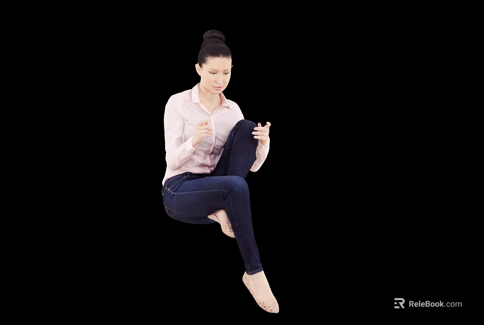 Woman In Pink Shirt And Blue Jeans Sitting Cross-Legged On Black Background With Ballet Shoes 3d model 