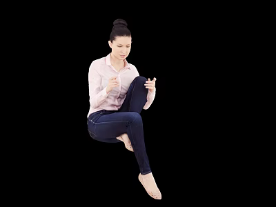 Woman In Pink Shirt And Blue Jeans Sitting Cross-Legged On Black Background With Ballet Shoes 3d model