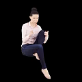 Woman In Pink Shirt And Blue Jeans Sitting Cross-Legged On Black Background With Ballet Shoes