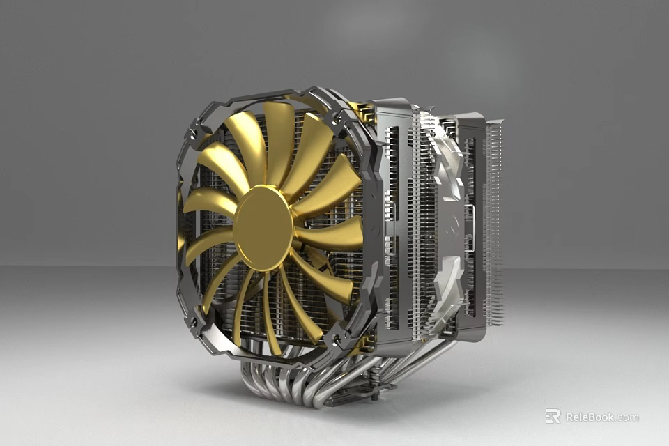 High Performance CPU Cooler With Golden Fan And Silver Heatsink Design 3d model 