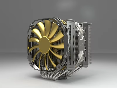 High Performance CPU Cooler With Golden Fan And Silver Heatsink Design 3d model