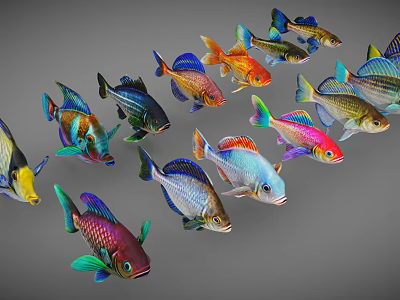 Colorful Aquatic Animals Various Fish With Bright Colors And Patterns Swimming Together 3d model