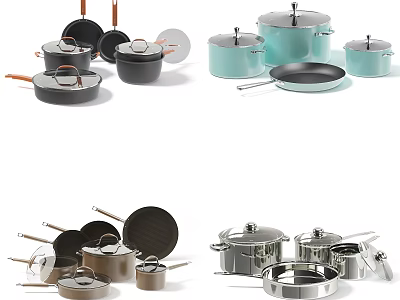 Stylish Cookware Sets With Pots Pans And Lids In Black Teal Copper Silver 3d model