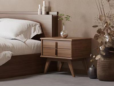 Wooden Nightstand With Two Drawers Silver Vase Small Plant Beside Bed White Pillows Beige Wall 3d model