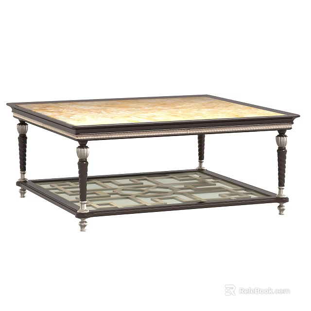 Elegant Coffee Table With Marble Top Intricate Patterns Dark Wooden Frame And Carved Legs 3d model 
