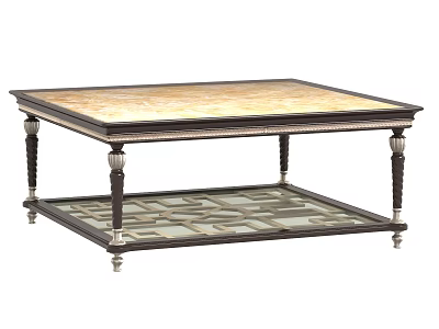 Elegant Coffee Table With Marble Top Intricate Patterns Dark Wooden Frame And Carved Legs 3d model