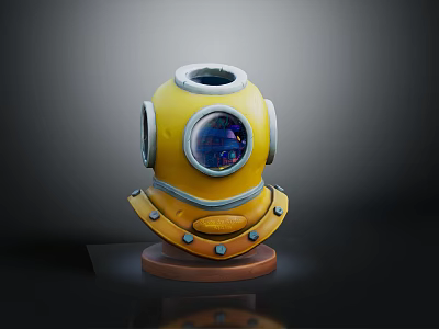 Vintage Yellow Diving Helmet With Circular Glass Window And Brown Wooden Base For Marine Decor 3d model