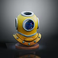 Vintage Yellow Diving Helmet With Circular Glass Window And Brown Wooden Base For Marine Decor