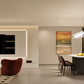 Elegant Living Dining Room Interior With Beige Sofa Red Accent Chair Dining Table And Artwork