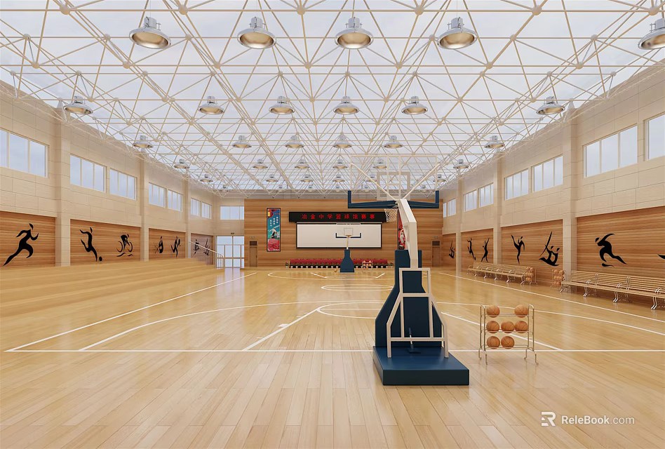 Spacious Basketball Gymnasium Featuring Wooden Floor Basketball Hoop Ceiling Lights And Sports Silhouettes 3d model 