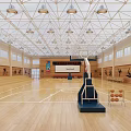 Spacious Basketball Gymnasium Featuring Wooden Floor Basketball Hoop Ceiling Lights And Sports Silhouettes