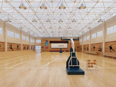 Spacious Basketball Gymnasium Featuring Wooden Floor Basketball Hoop Ceiling Lights And Sports Silhouettes 3d model