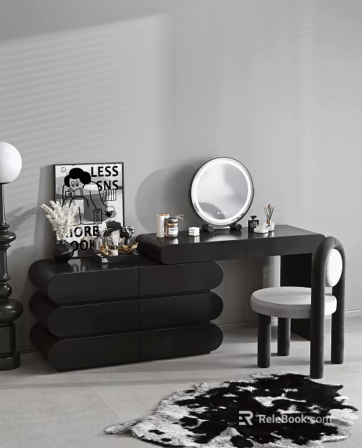 Black Dressing Table With Round Mirror Cosmetics Decor And Stylish Chair 3d model 